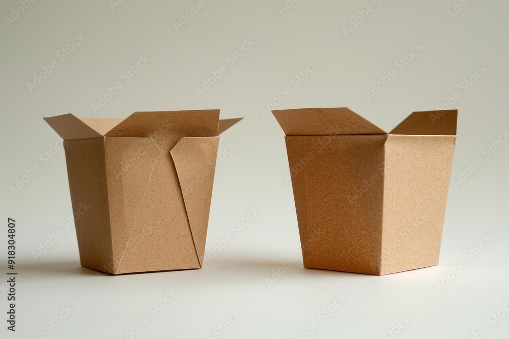 Poster two empty open brown cardboard takeout containers on a simple offwhite background