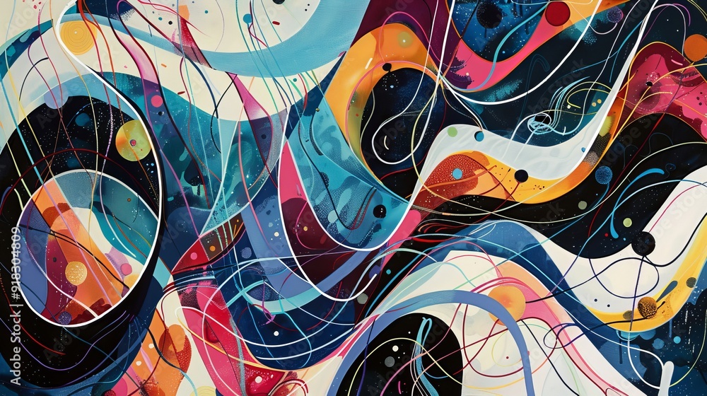 Poster abstract artwork featuring vibrant colors and fluid shapes with dynamic lines and patterns