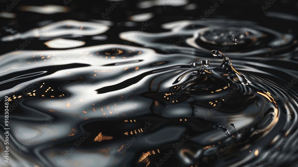 Poster ripples form on a dark surface after a droplet falls during the evening, creating a tranquil and ref