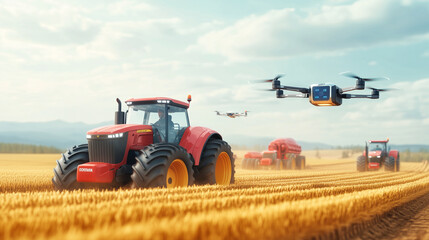 Obraz premium Futuristic farming with AI-driven technology, An advanced farm where AI-driven tractors and robotic harvesters operate seamlessly, with drones and automated irrigation ensuring opt