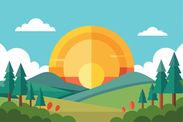 Sunset Over a Hilly Landscape with Trees