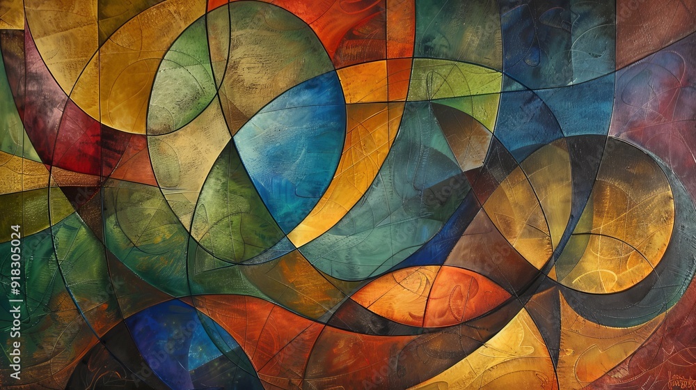 Poster abstract colorful artwork with geometric shapes and flowing lines in a vibrant composition