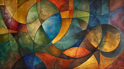 Abstract colorful artwork with geometric shapes and flowing lines in a vibrant composition
