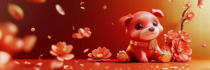Naklejka premium Chinese Zodiac Adorable Red Dog in 3D Illustration: A Minimalist Chinese-Themed Design with Floral Elements, Gold Foil Style, and Red Gradient for a Joyful Chinese New Year Celebration.