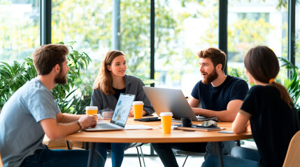 Young entrepreneurs planning strategy together, a small team sitting around a table, animated discussion, laptops and coffee cups in sight, large windows letting in natural light,