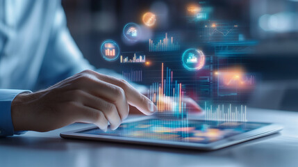 Businessman's hand typing on an iPad, with holographic digital icons floating above the screen, representing data analytics, real-time market analysis, graphs, charts, and statisti
