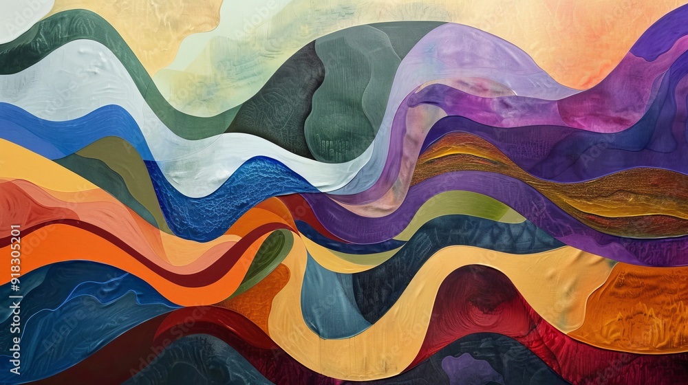 Poster modern abstract painting featuring flowing waves of vibrant colors with a harmonious blend of shapes