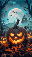 A spooky Halloween scene featuring a carved Jack-o-lantern Junk art style