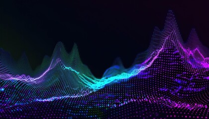 Wave of colorful bright particles. Sound and music visualization.