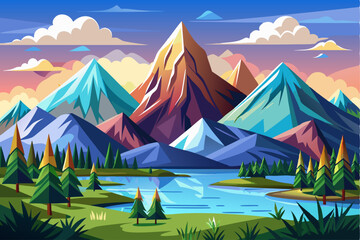 A Colorful Mountain Range with a Serene Lake and Lush Greenery