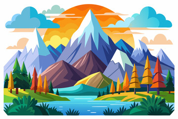 Mountain Range With Lake and Sunset