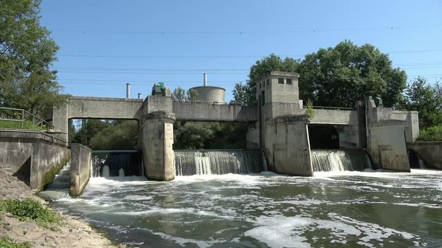The water weir in Werne in the sunshine to generate electricity on the River Lippe.