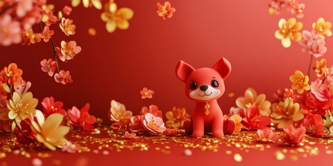 Fototapeta premium Chinese Zodiac Adorable Red Dog in 3D Illustration: A Minimalist Chinese-Themed Design with Floral Elements, Gold Foil Style, and Red Gradient for a Joyful Chinese New Year Celebration.