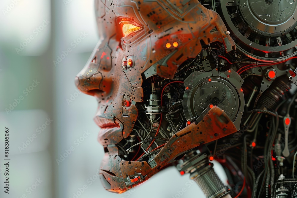 Aufkleber detailed side view of a futuristic robotic head with illuminated eye and intricate circuitry
