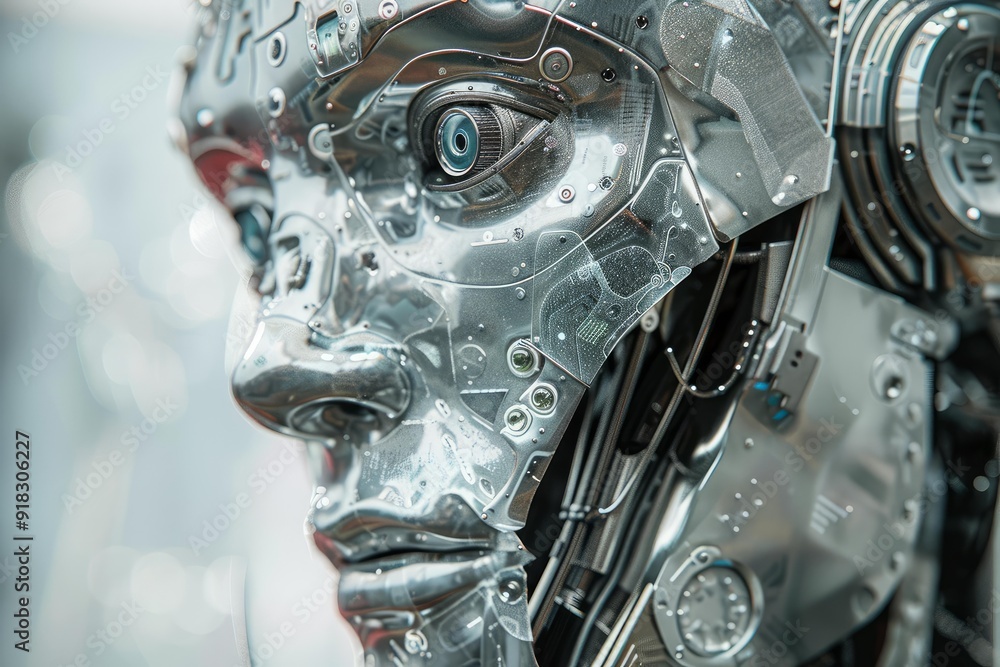 Poster closeup image of a humanoid robot face showcasing intricate mechanical design and cybernetic eye
