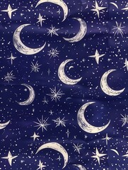 Fototapeta premium Dark blue textile fabric featuring a printed pattern of white crescent moons and hand-drawn stars for celestial home decor.