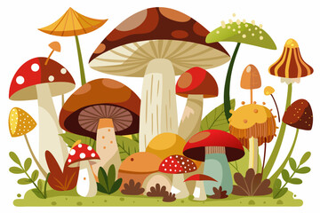A Colorful Collection of Mushrooms in a Forest Clearing