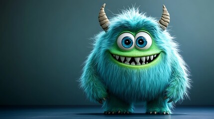 Fototapeta premium 3D cartoon monster character with big eyes and a big smile on dark background AI Generated