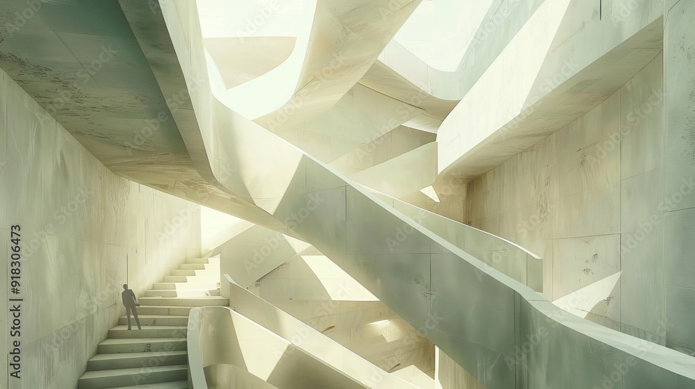 Poster an endless staircase that twists and turns through a series of floating geometric shapes