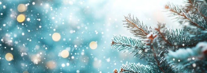 Snow-Covered Pine Branch Against a Blurred Blue Background with Bokeh Lights