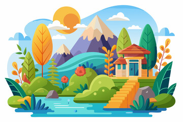 A Serene Cottage by a Lake with Mountain Views and Lush Greenery