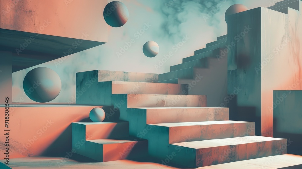 Poster abstract stairs with floating spheres in a surreal setting during daylight