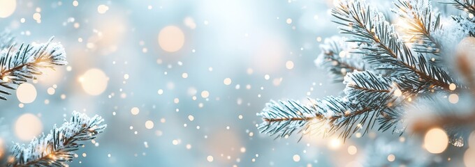 Frosty Pine Branch with Festive Lights and Blurred Background