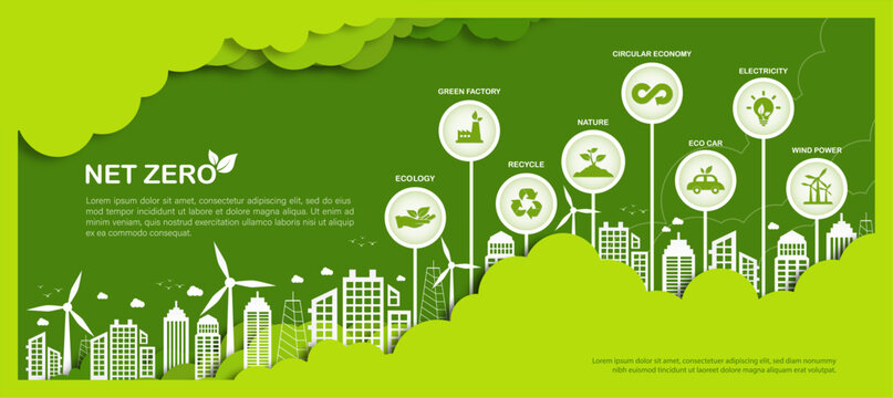 Net zero and carbon neutral vector illustration. Concept net zero greenhouse gas and emissions target Climate neutral long term strategy.