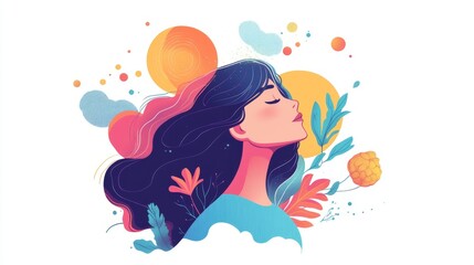 Artistic illustration of a woman reconnecting with nature, surrounded by vibrant abstract elements that evoke awe and enchantment