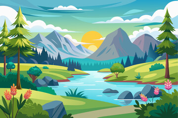 Tranquil Mountain River Landscape with Sunset