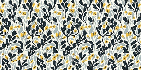 Modern printed fabric flower block print pattern with linen texture effect. Stylized boho dark floral for chic fashion background motif border design.