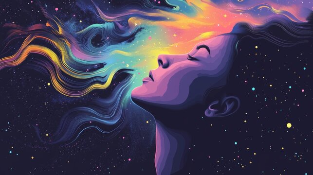Reconnect with a sense of awe and enchantment as a serene woman's profile blends with swirling cosmic colors and stars, symbolizing imagination, creativity, and the beauty of the universe
