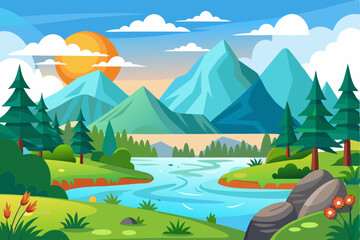 Obraz premium Serene Mountain Landscape with Winding River and Lush Greenery