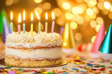 Delicious Birthday cake with lighting candles.
