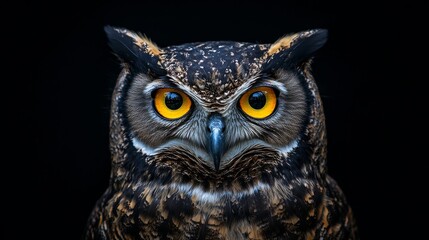 Fototapeta premium Owl with bright yellow eyes staring directly at the camera in a close-up portrait, detailed feathers visible, isolated against a black background