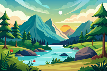 Serene Mountain Landscape with a Winding River and Sunset