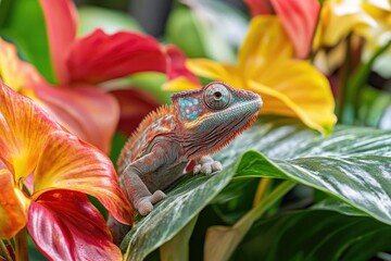 Chameleon blending into a colorful flower.
