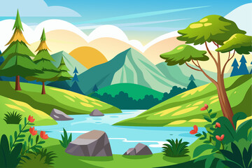 Fototapeta premium Tranquil River Winding Through a Verdant Mountain Landscape