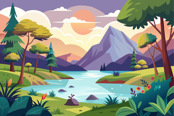 Serene Landscape with Mountain, River, and Lush Greenery