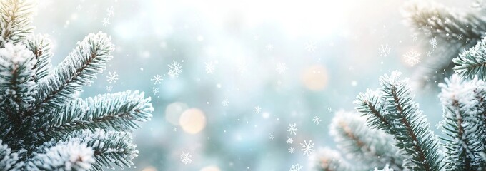 Snowy Pine Branches with Falling Snowflakes and Soft Bokeh Background