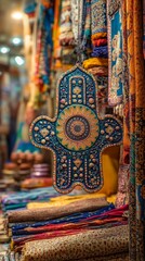 Obraz premium Hamsa Hand Desert Market Judaism, Islam Religion Spiritual Symbol - Generative AI