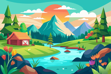 Fototapeta premium A Cabin Nestled in a Serene Mountain Valley with a Winding River