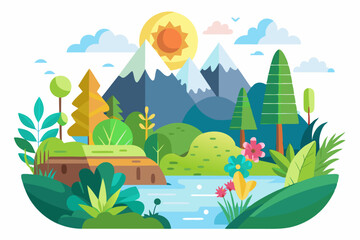 Naklejka premium Sunny Day Landscape with Mountains, River, and Lush Vegetation