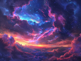 Fototapeta premium Starry Sky with Pink and Blue Nebulae Above Clouds