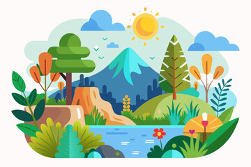Obraz premium Sunny Day Landscape with Mountain, Lake, and Lush Greenery