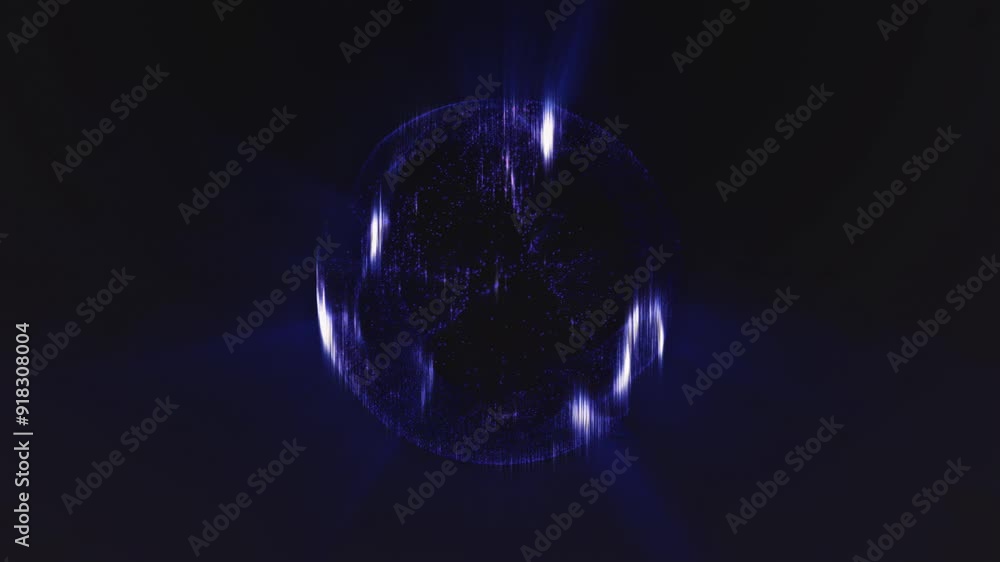 Poster abstract round blue sphere light bright glowing from vertical rays of energy and magic waves from pa