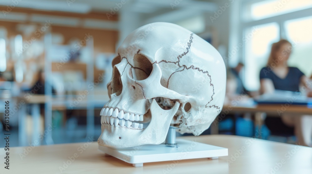 Poster a skull model used in a classroom setting.