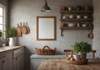 Mock up poster frame in kitchen interior, Farmhouse style