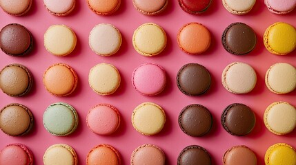 A colorful array of macarons with various flavors, space for branding or text