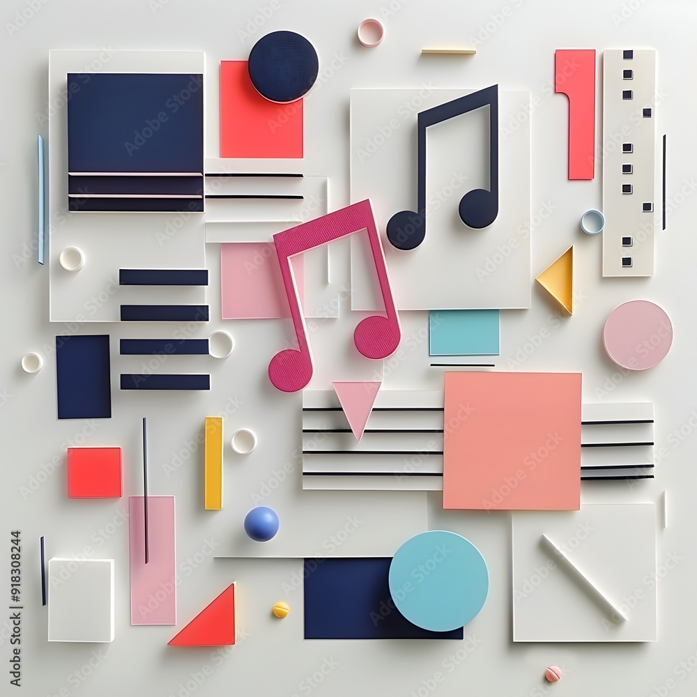 Poster colorful geometric music notes on minimalist background creating a dynamic and modern visual composi